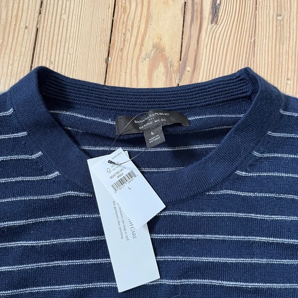 Banana Republic Mens Merino Wool Striped Crew Neck Sweater Navy Blue Large NEW